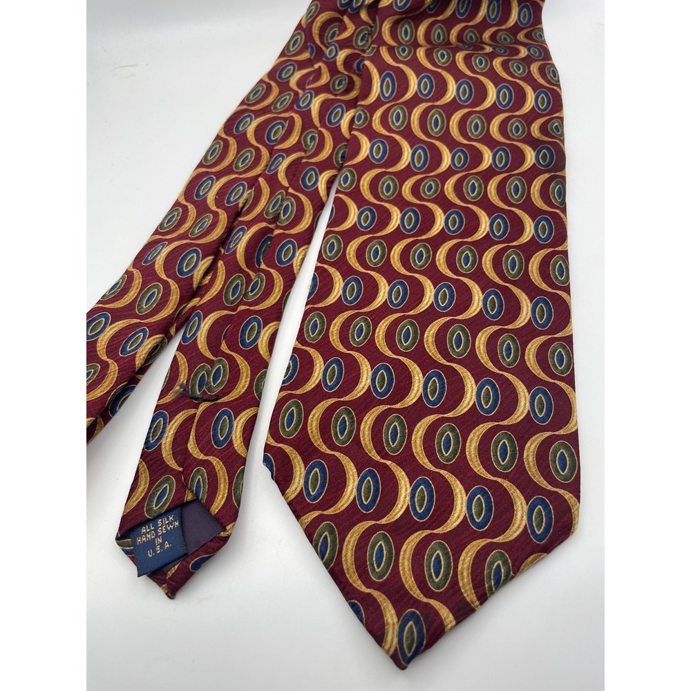 Harold Powell Mens Silk Tie Burgundy Gold Geometric Abstract Hand Sewn USA Made